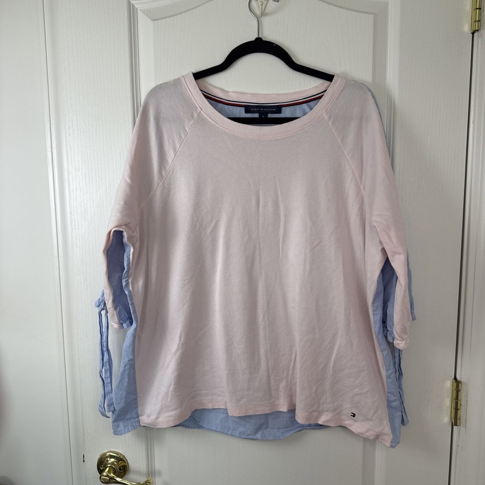 Tommy Hilfiger Womens 1X Pink Blue Striped Mixed Media Top Tie Back Plus Size